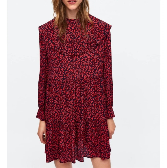 Zara blogger favorite tiered ruffled long sleeve print dress SZ L - Picture 3 of 9
